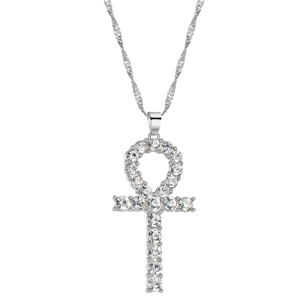 Kinitial Fashion Religious Necklaces Fully Iced Out CZ Simulated Crystal Egyptian Ankh Cross Pendant Necklace Chain Jewelry