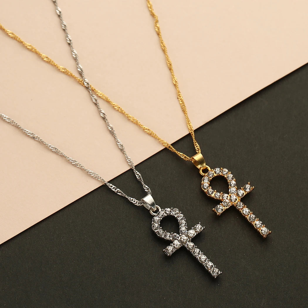 Kinitial Fashion Religious Necklaces Fully Iced Out CZ Simulated Crystal Egyptian Ankh Cross Pendant Necklace Chain Jewelry