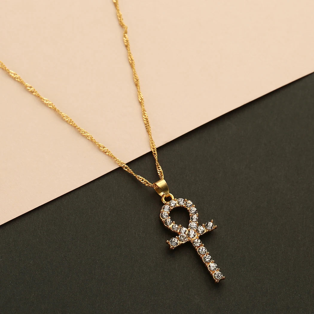 Kinitial Fashion Religious Necklaces Fully Iced Out CZ Simulated Crystal Egyptian Ankh Cross Pendant Necklace Chain Jewelry
