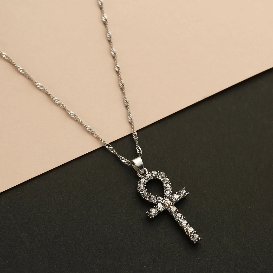 Kinitial Fashion Religious Necklaces Fully Iced Out CZ Simulated Crystal Egyptian Ankh Cross Pendant Necklace Chain Jewelry