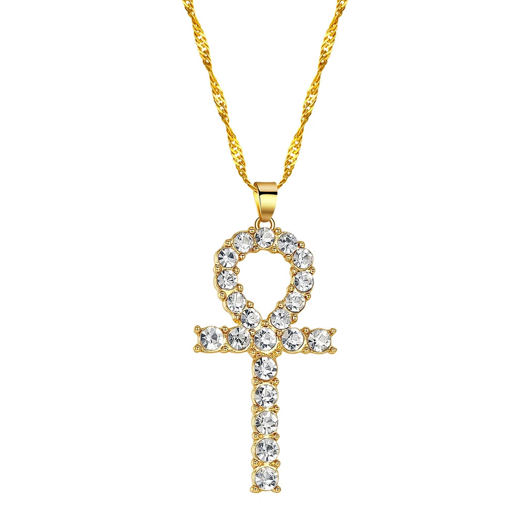 Kinitial Fashion Religious Necklaces Fully Iced Out CZ Simulated Crystal Egyptian Ankh Cross Pendant Necklace Chain Jewelry