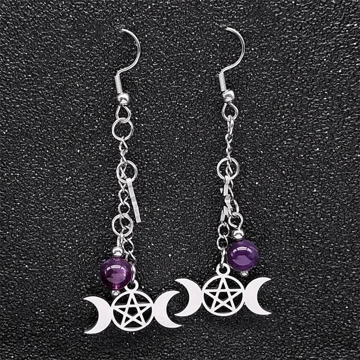 Brincos Deusa Tríplice com Pentagrama – Aço Inoxidável