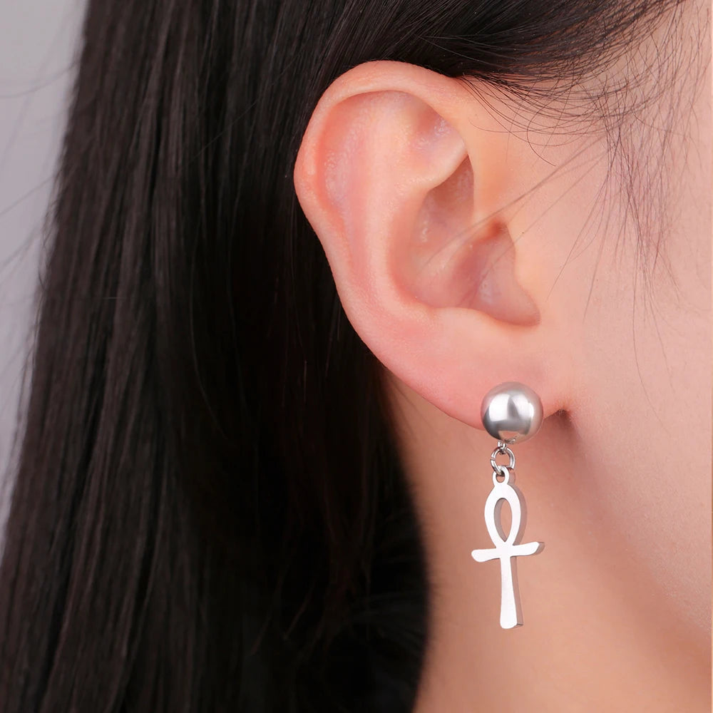 Argola e Brinco Ankh Egípcio Dourado Unissex – Estilo Místico em Aço Inoxidável