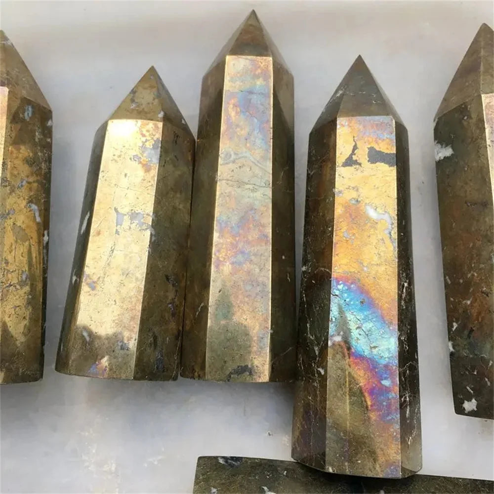 Obelisco de Pirita de Cobre Natural Rara – Cristal de Cura em Torre Chakra | Pedra Energética para Meditação, Reiki e Decoração Espiritual