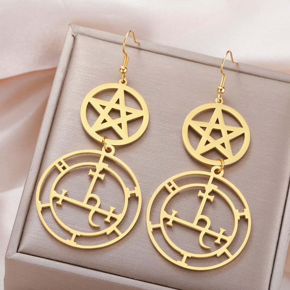 Argolas com Pentagrama, Roda de Hécate e Sigilo de Lilith – Joias Místicas em Aço Inoxidável