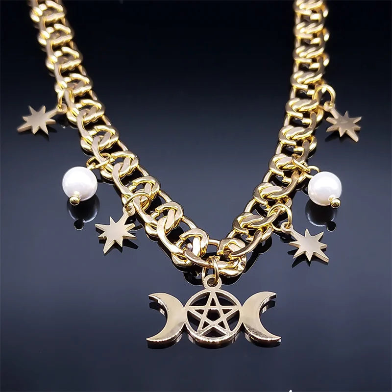 Colar Wicca Lua Tripla & Pentagrama em Aço Inoxidável