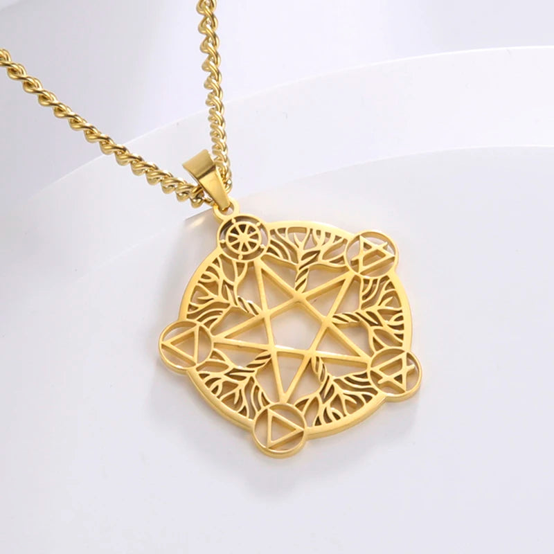 Colar Pentagrama e Pentagrama com Deusa Tríplice em Aço Inoxidável