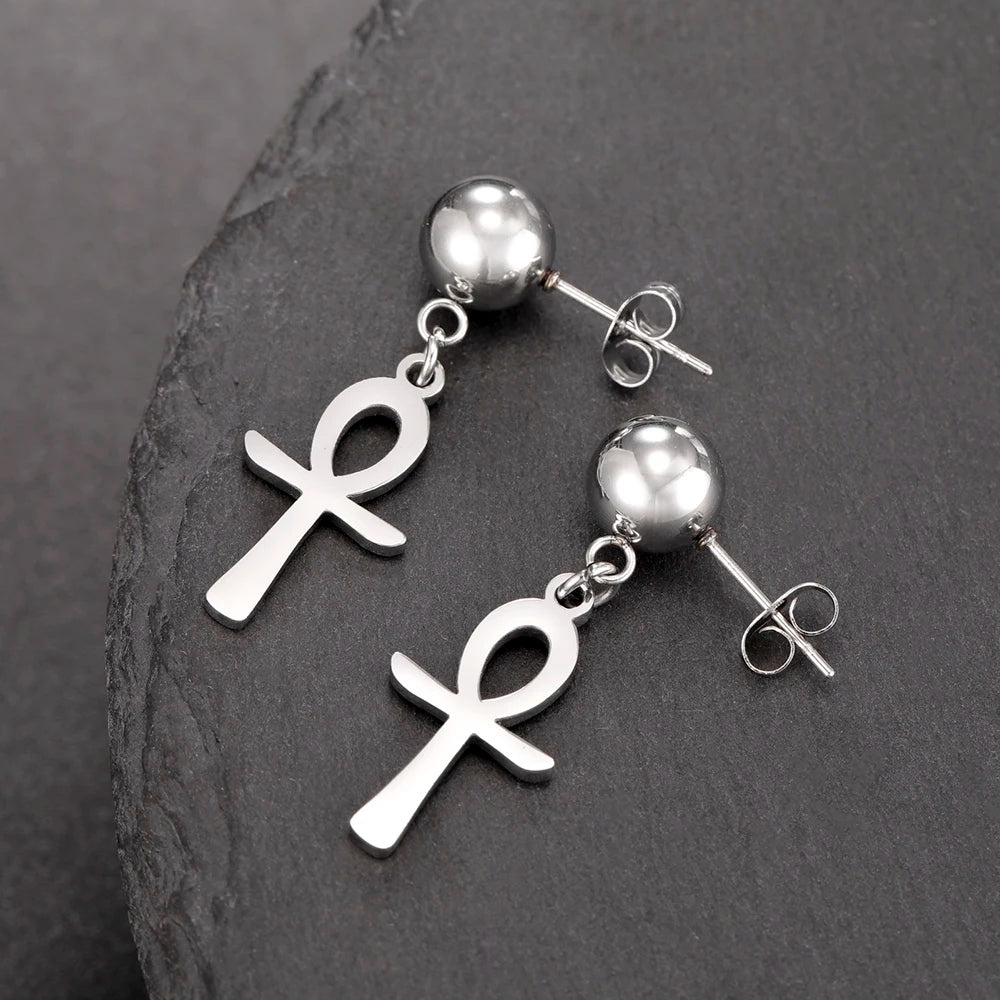 Argola e Brinco Ankh Egípcio Dourado Unissex – Estilo Místico em Aço Inoxidável