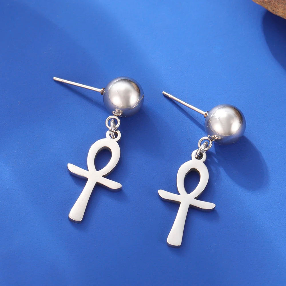 Argola e Brinco Ankh Egípcio Dourado Unissex – Estilo Místico em Aço Inoxidável