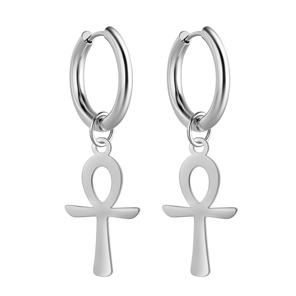 Argola e Brinco Ankh Egípcio Dourado Unissex – Estilo Místico em Aço Inoxidável