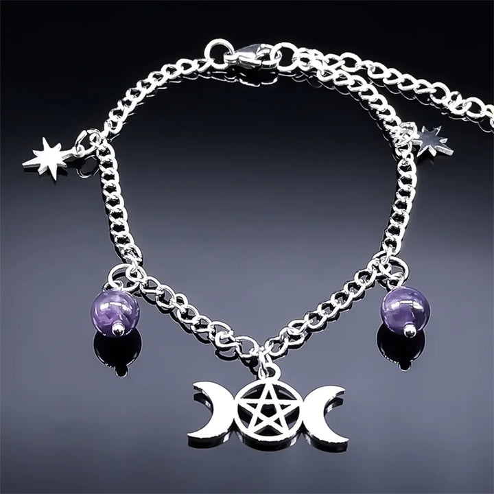 Pulseira Deusa Tríplice com Pentagrama – Aço Inoxidável