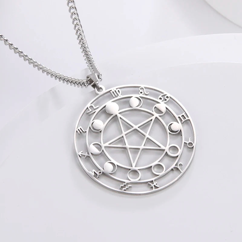 Colar Pentagrama e Pentagrama com Deusa Tríplice em Aço Inoxidável