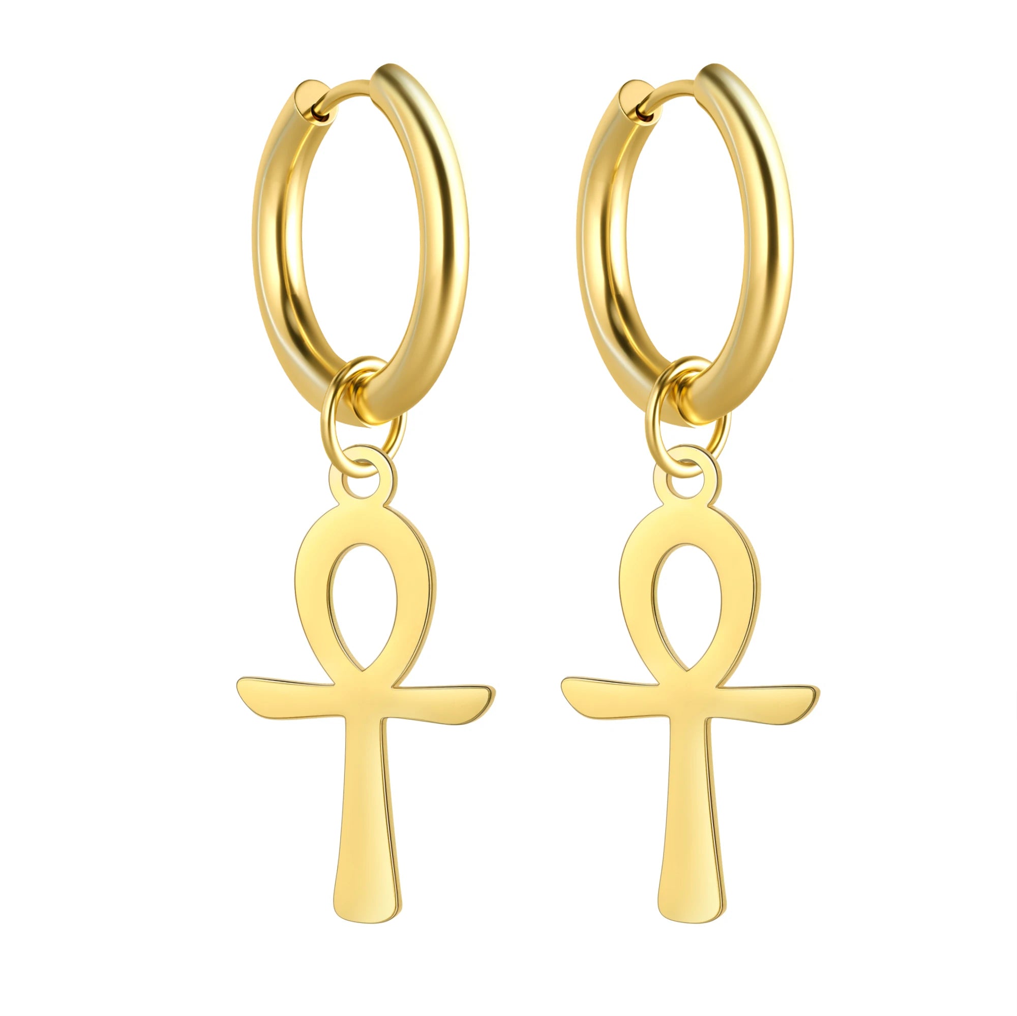 Argola e Brinco Ankh Egípcio Dourado Unissex – Estilo Místico em Aço Inoxidável