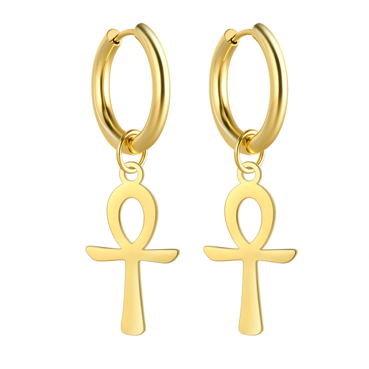 Argola e Brinco Ankh Egípcio Dourado Unissex – Estilo Místico em Aço Inoxidável