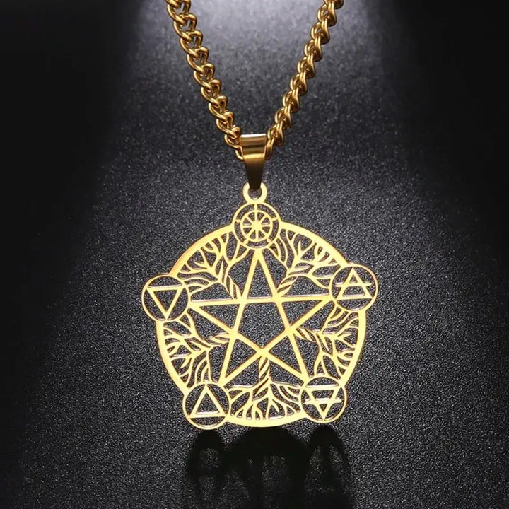 Colar Pentagrama e Pentagrama com Deusa Tríplice em Aço Inoxidável