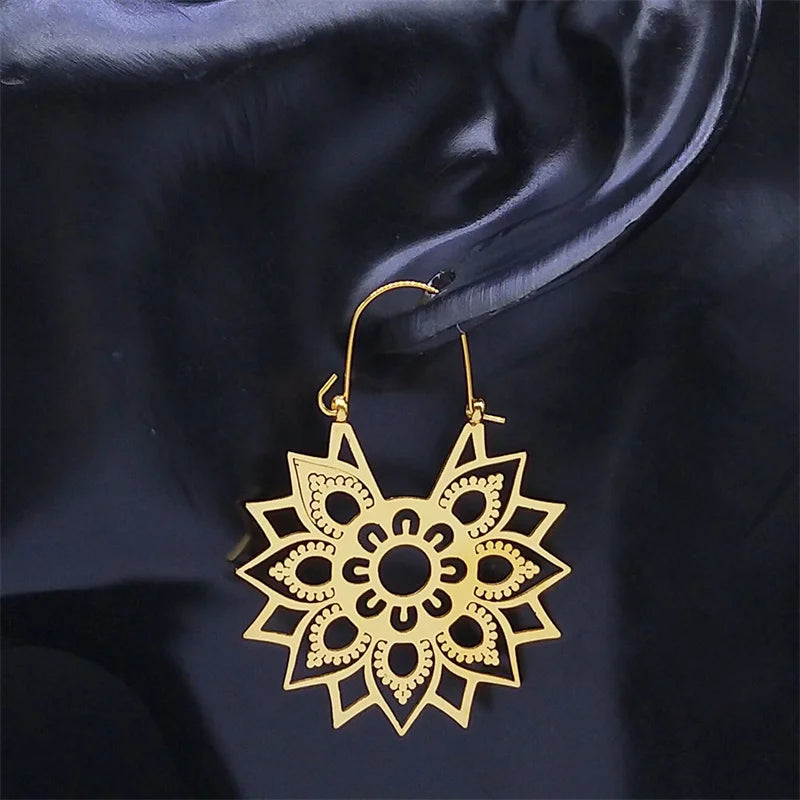 Gold Lotus Flower Earrings: Stainless Steel & Yoga Trend