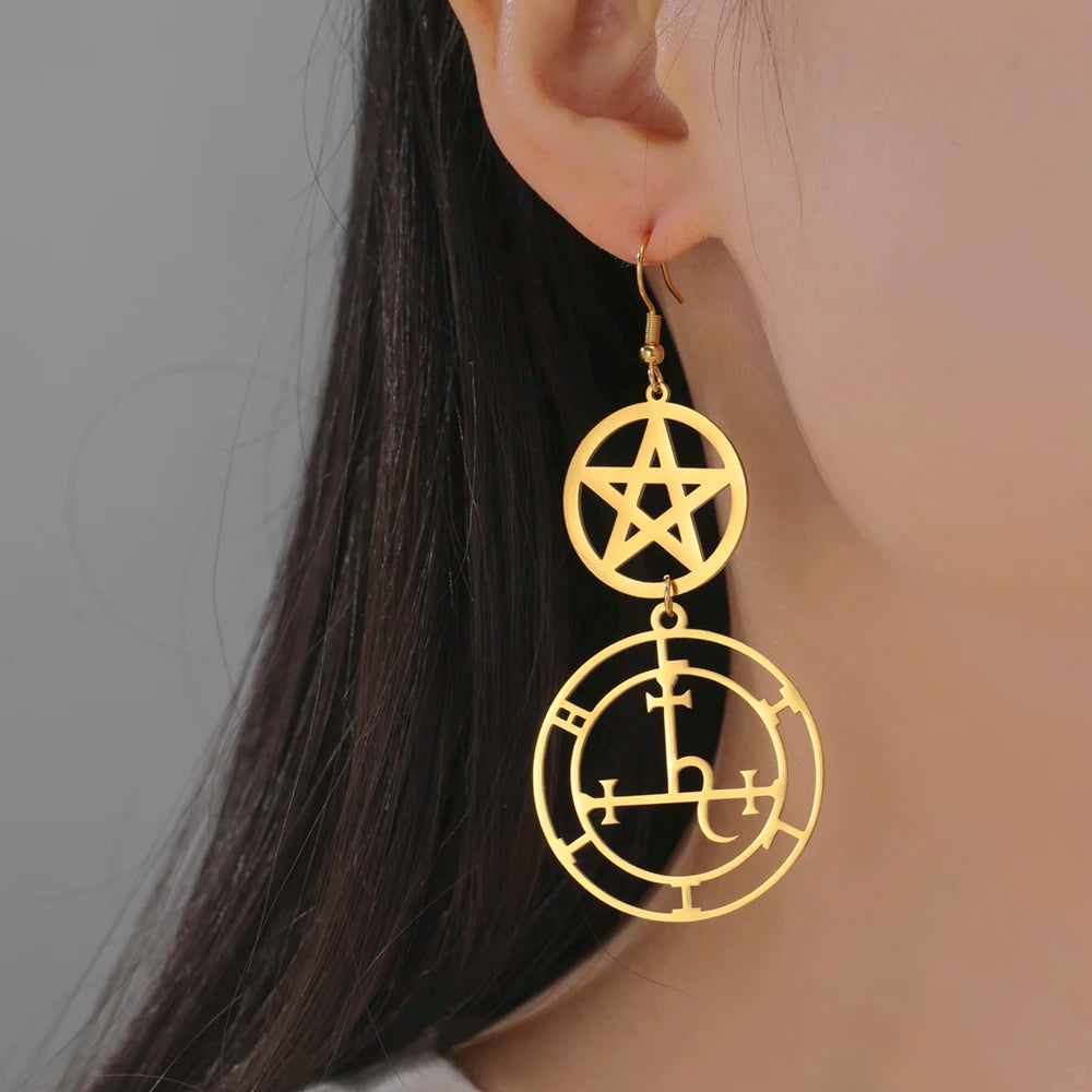 Argolas com Pentagrama, Roda de Hécate e Sigilo de Lilith – Joias Místicas em Aço Inoxidável