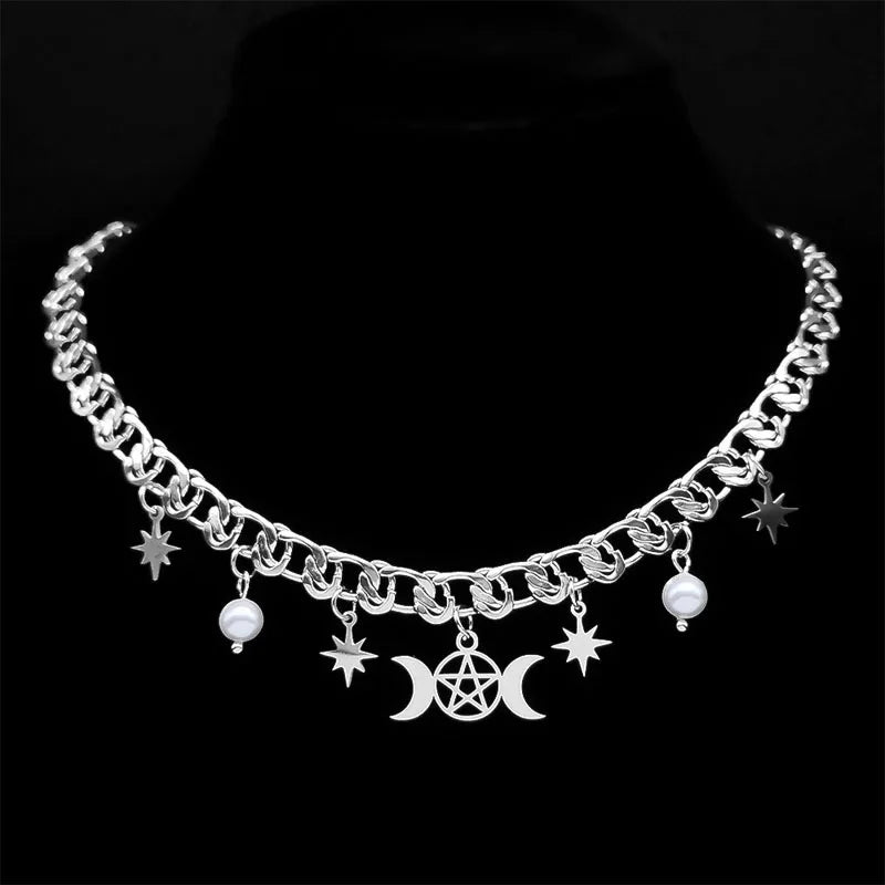 Colar Wicca Lua Tripla & Pentagrama em Aço Inoxidável