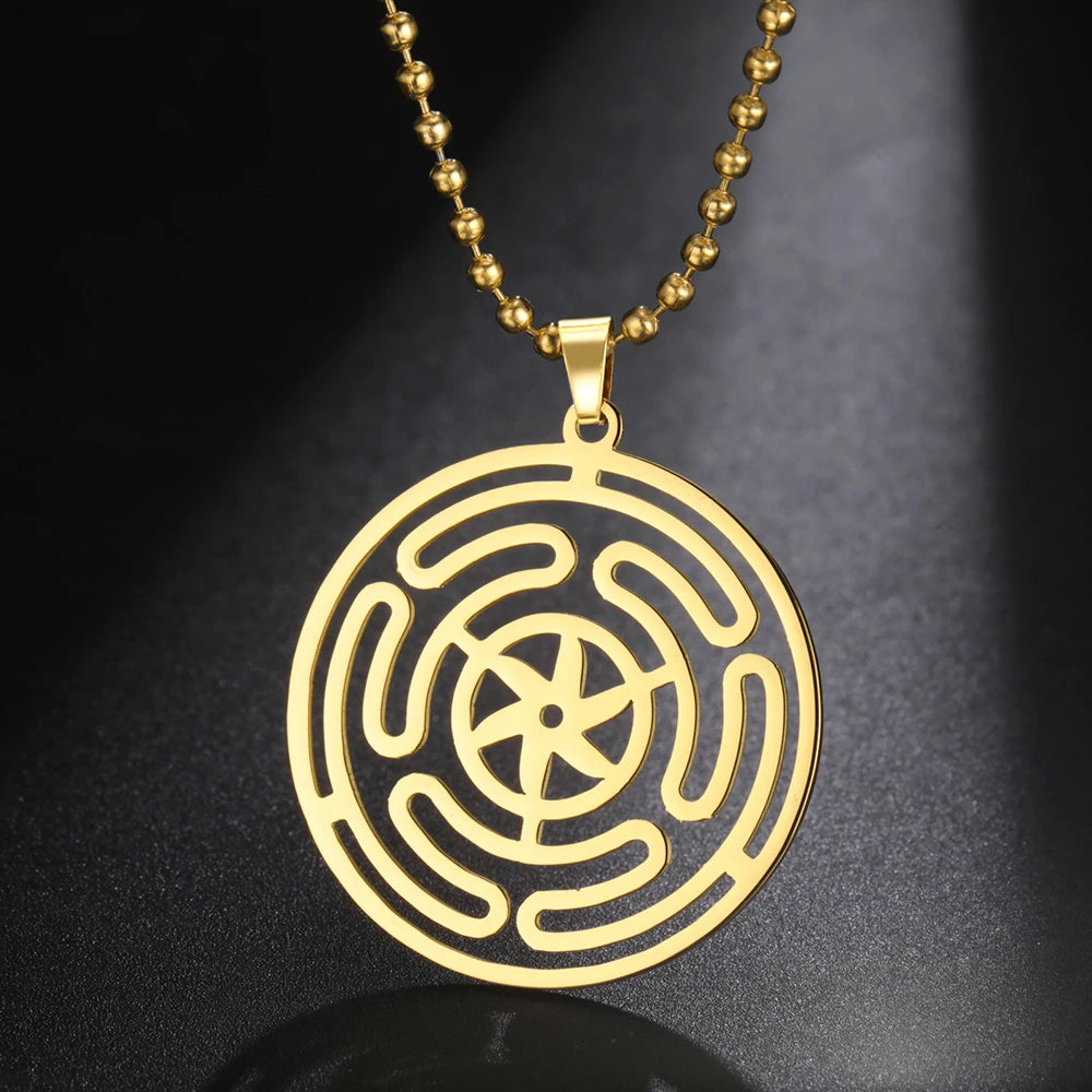 Amuleto Sagrado da Deusa Tríplice – Roda de Hécate em Aço Inoxidável
