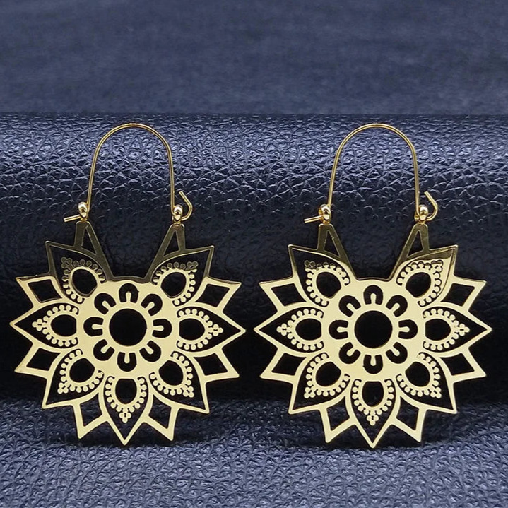 Gold Lotus Flower Earrings: Stainless Steel & Yoga Trend