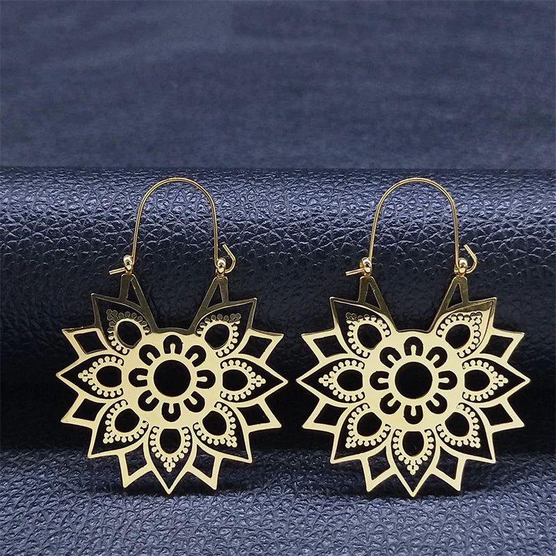 Gold Lotus Flower Earrings: Stainless Steel & Yoga Trend