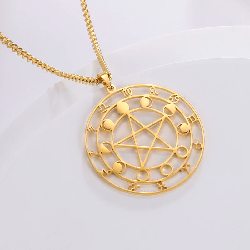 Colar Pentagrama e Pentagrama com Deusa Tríplice em Aço Inoxidável
