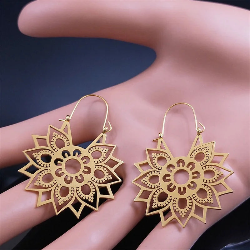 Gold Lotus Flower Earrings: Stainless Steel & Yoga Trend